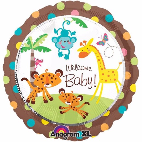 Colorful 45cm Fisher Price Welcome Baby foil balloon, perfect for baby showers and newborn celebrations.