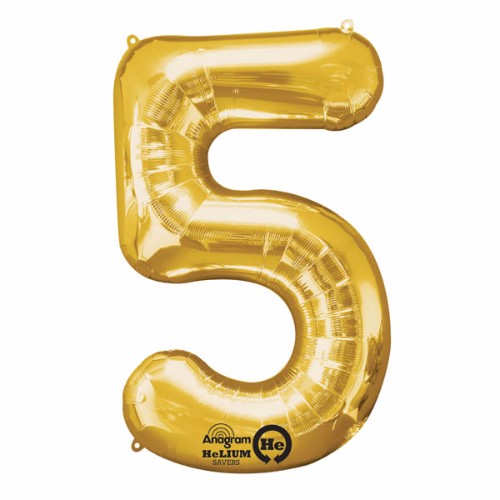 Gold Shape Number Five foil balloon, 86cm high, versatile for air or helium, perfect for elegant party decorations.