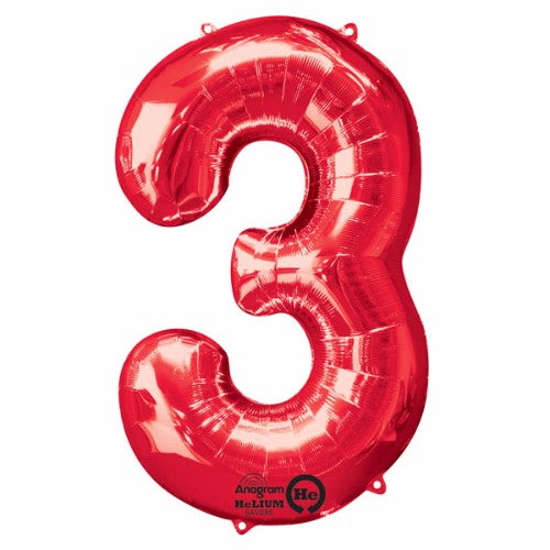 Vibrant 86cm red foil balloon in the shape of number three, ideal for parties with easy inflation and long-lasting use.