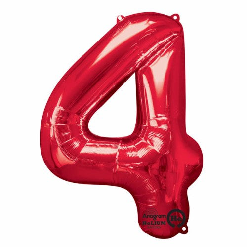 Vibrant red foil number four balloon, 86cm tall, designed for long-lasting helium or air decoration at celebrations.
