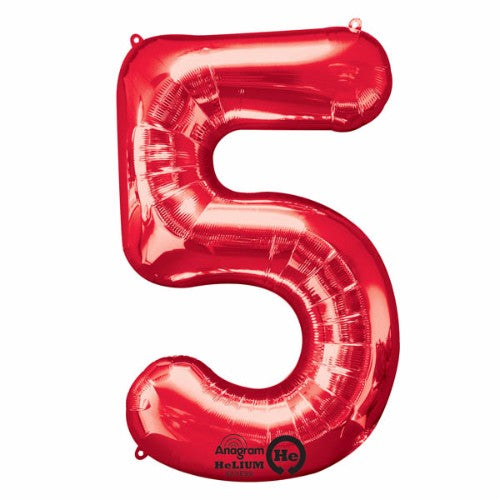 Bright red 86cm foil balloon shaped like the number five, perfect for celebrations, works with air or helium for versatile display.