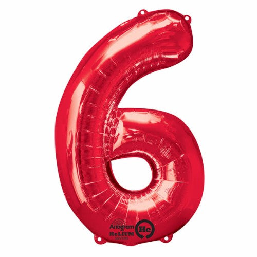 Red foil Shape Number Six balloon, 86cm high, ideal for parties with lasting helium float time and easy self-sealing feature.