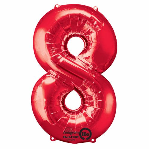 Vibrant red number eight foil balloon, 86cm high, designed for helium or air, perfect for celebrations and lasting decorations.