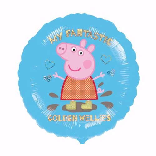 Vibrant 45cm Peppa Pig foil balloon featuring Peppa in golden wellies, perfect for themed birthday celebrations.