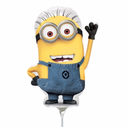 Mini Shape Minion foil balloon, flat design, perfect for Despicable Me themed parties and easy to display with a stick.