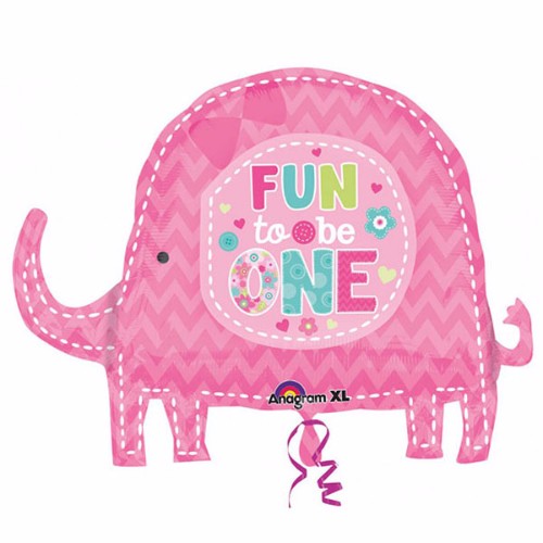 Colorful foil balloon shaped like an elephant, perfect for a jungle-themed first birthday party for a baby girl.