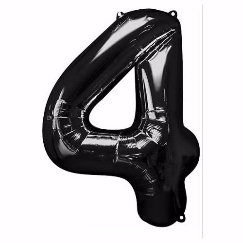 Black foil Number Four balloon, 86cm high, self-sealing for helium or air, perfect for elegant celebrations.