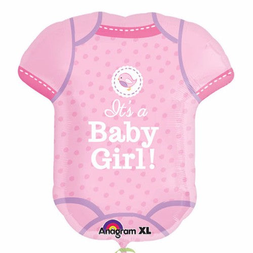 A vibrant 'Shape It's a Baby Girl' onesie foil balloon, 55cm x 60cm, perfect for baby shower decor and celebrations.