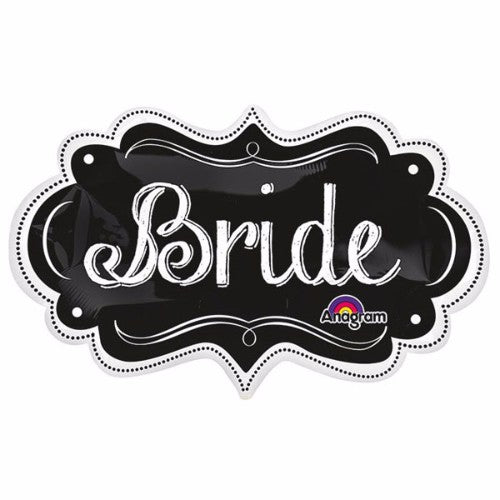 Black chalkboard marquee balloon shaped like "Bride" for personal messages at weddings, measuring 69cm x 41cm.