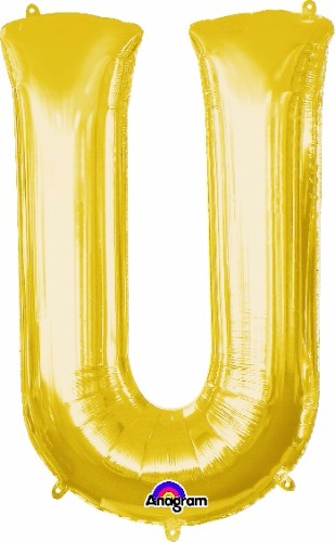 Gold Letter U balloon, 83cm, perfect for celebrations; self-sealing, versatile for helium or air, stylish decor for any event.