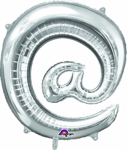 Silver @ At Symbol balloon, 81cm, self-sealing, helium saver, perfect for elegant celebrations and event decor.