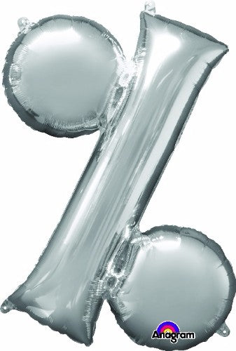 Large silver foil balloon featuring a % symbol, perfect for celebrations, made with helium-saving technology for prolonged float.