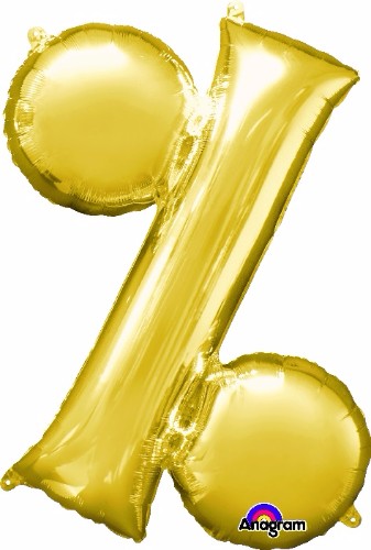 Gold 91cm percentage symbol foil balloon, perfect for celebrations and versatile for helium or air filling.