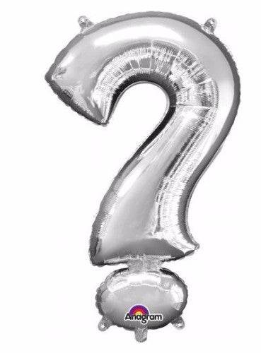 Silver 91cm question mark balloon for gender reveals, birthdays, and celebrations, designed for helium or air filling.