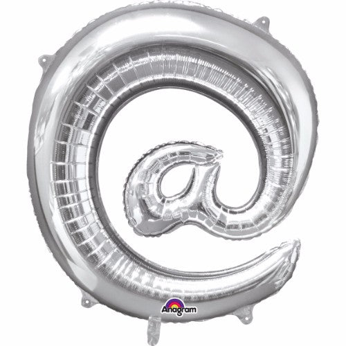 Silver @ symbol foil balloon, 40cm, perfect for digital-themed events, self-sealing, air inflation only, includes straw for easy setup.