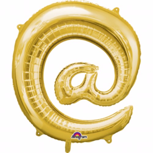 Gold 40cm foil balloon shaped like @ symbol, perfect for digital-themed celebrations and easy self-inflation.