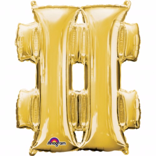 Gold 40cm foil balloon in hashtag shape, perfect for modern celebrations and photo opportunities. Self-sealing and air-filled.