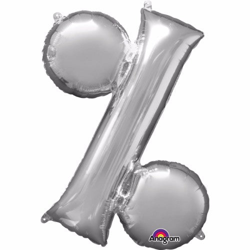 Silver 40cm foil balloon featuring a percentage symbol, ideal for celebrations, self-sealing, and air-filled, includes straw for easy inflation.