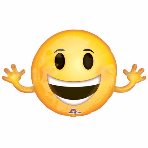Colorful foil balloon in the shape of a smiling emoji with arms, perfect for joyful celebrations and festive occasions.