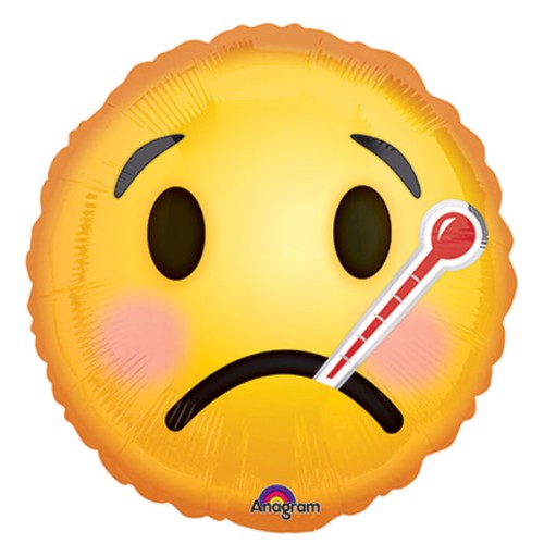 Cheerful 45cm emoji face foil balloon with thermometer, perfect for get well soon gifts and uplifting spirits.