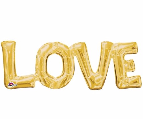 Gold foil balloon in "LOVE" script, 63cm x 22cm, perfect for romantic celebrations and easy to inflate with provided straw.