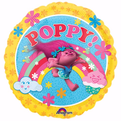 Vibrant 45cm foil balloon featuring Trolls character Poppy, perfect for celebrations and themed parties, self-sealing, helium-inflated.