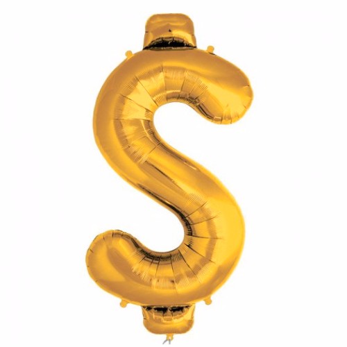 Gold foil dollar sign balloon, 53cm x 101cm, perfect for celebrations, graduations, and corporate events.