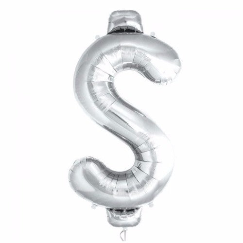 Dazzling silver dollar sign foil balloon, 53cm x 101cm, perfect for celebrations and events, requires helium to float.