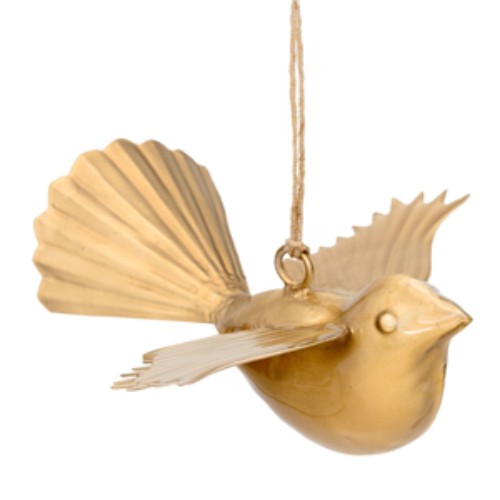 Gold-enamelled Fantail ornament, 10cm, symbolizing joy and Kiwiana culture, perfect for home decor or as a unique gift.
