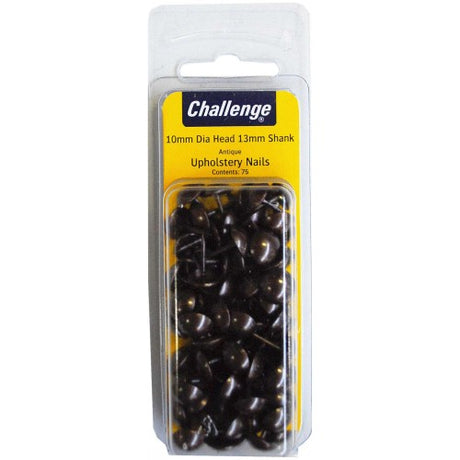 Antique-style upholstery nails with domed heads, 10mm diameter and 13mm pin, perfect for DIY projects and furniture restoration.