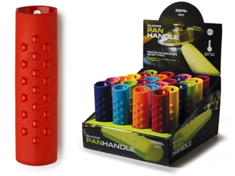 Colorful heat-resistant silicone pan handle, safe for high temperatures up to 600°F, non-absorbent, and dishwasher safe.