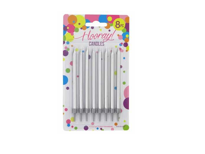 Eight elegant metallic silver candles, each 10cm tall, perfect for enhancing cake aesthetics at any celebration.