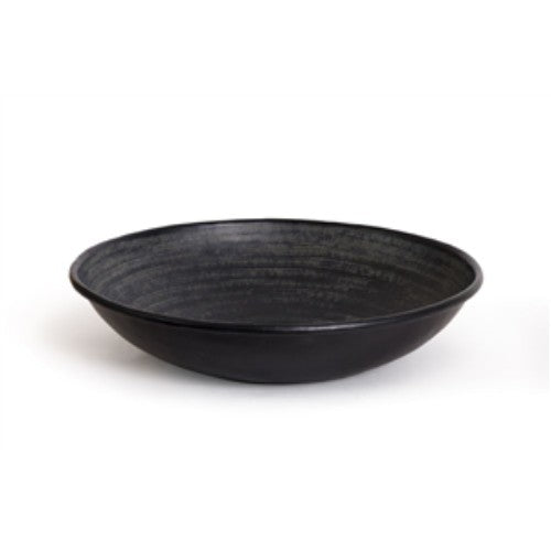 Elegant 35cm black metal serving bowl, perfect for salads, snacks, and desserts with a modern touch.