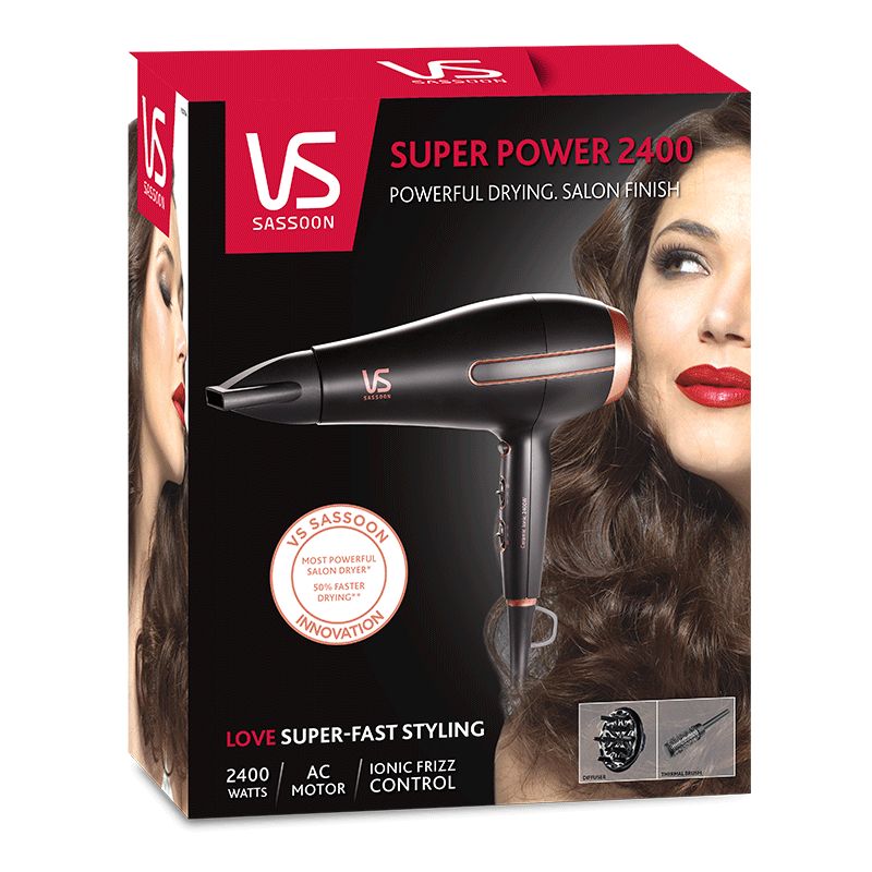Powerful VS Sassoon Super Power 2400 Hair Dryer with ionic technology, 3 heat settings, and versatile styling attachments.