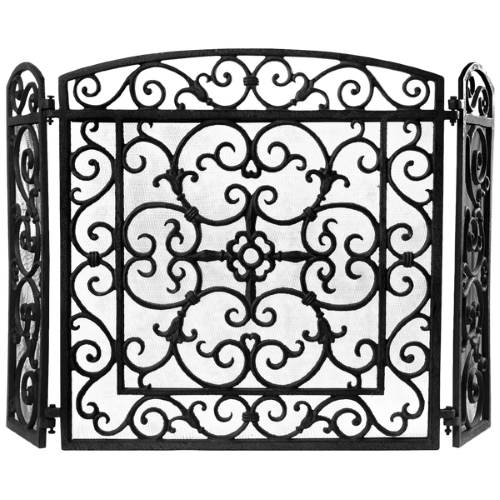 Cast iron black fireplace screen measuring 61 x 21 x 59cm, featuring foldable sides for safety and elegant home décor.