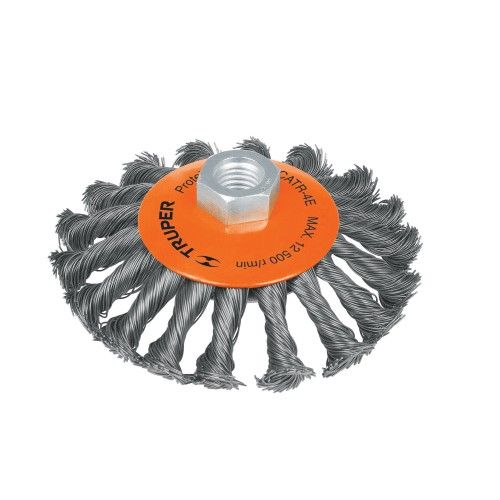 5" Truper wire concave wheel brush with high carbon steel, designed for precision cleaning and effective rust removal.
