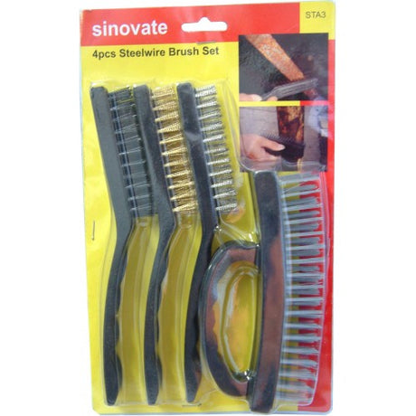 Sinovate 4-piece wire brush set featuring long-handled brushes with steel, brass, and nylon bristles, plus a knuckle-safe scrub brush.