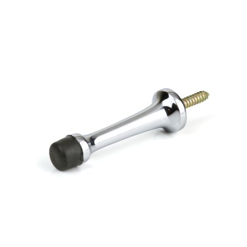 Wall mounted door stop in solid brass with chrome finish, perfect for preventing wall damage from swinging doors.