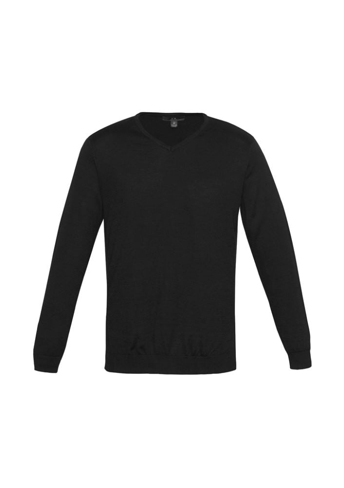 Mens Milano Pullover in black, size M, featuring a V-neck design and ribbed details, crafted from a wool-acrylic blend.