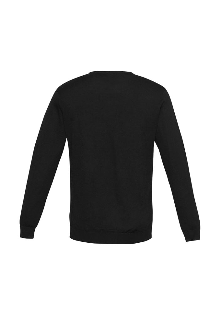 Men's Milano Pullover in black, size XS, featuring a V-neck and ribbed side panels, crafted from soft wool-acrylic blend.
