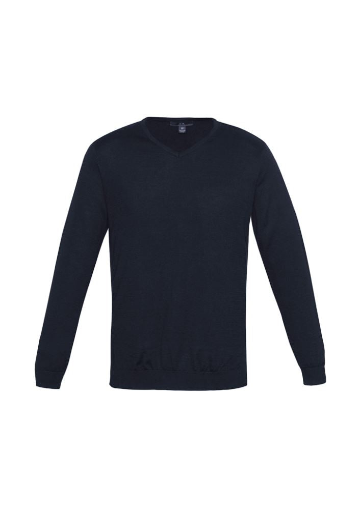Stylish navy Men's Milano Pullover in size XL, featuring a V-neck and ribbed side panels, perfect for work or leisure.