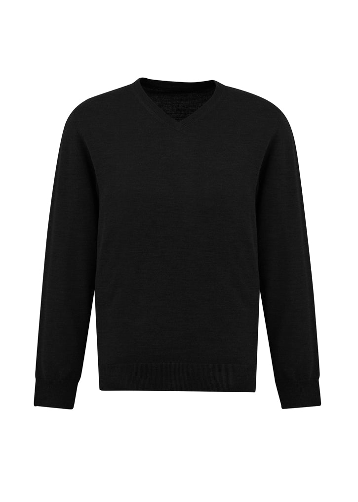 Men's black Roma pullover in size L, featuring a V-neck, ribbed cuffs, and a warm Merino wool blend for stylish comfort.