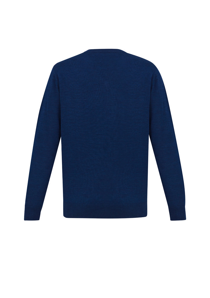 Men's Roma Pullover in French Blue, Size 2XL, featuring V-neck, ribbed cuffs, and soft Merino Wool blend for comfort and style.
