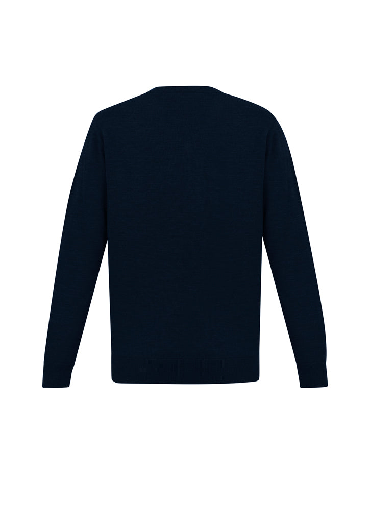 Navy Men's Roma Pullover, Size M, crafted from Merino Wool and Acrylic, featuring a classic V-neck and relaxed fit.