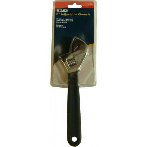 8-inch adjustable wrench with chrome plated high carbon steel, precision thumb wheel for easy size adjustments.