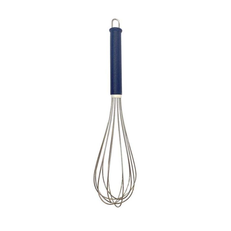 Premium 35cm whisk with blue PA fiberglass handle, designed for durability and easy storage via hanging loop.