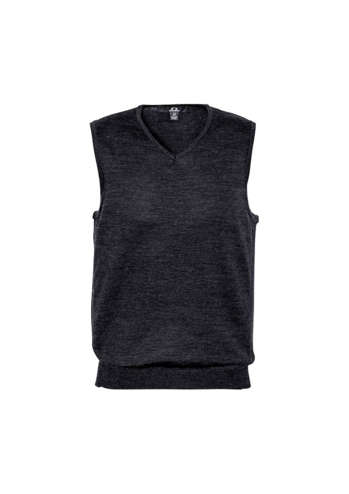Men's Milano Vest in Charcoal, size M, featuring a V-neck design and ribbed side panels for a stylish, tailored look.