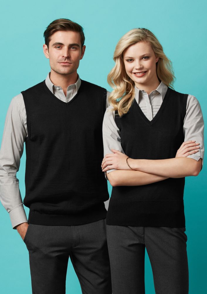 Ladies Milano Vest in black, size L; contemporary V-neck, 50% wool blend, stylish and comfortable for versatile layering.