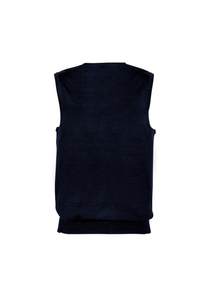 Navy Men's Milano Vest from Biz Collection, Size M, featuring V-neck, ribbed side panels, and crafted from wool-acrylic blend.