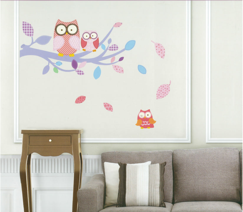 Vibrant Tree Owls wall decals for kids' rooms, featuring 12 removable, repositionable designs perfect for transforming decor.